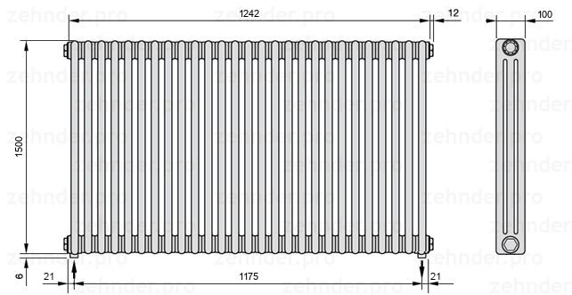 Схема (чертеж) Радиатор Zehnder Charleston 3150/27 №5310 Белый глянцевый RAL 9016
